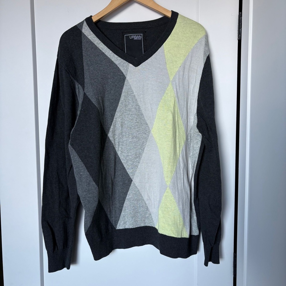 Vintage Urban Heritage Diamond V neck Sweater Golf 90s Grey XXL - 100% Cotton